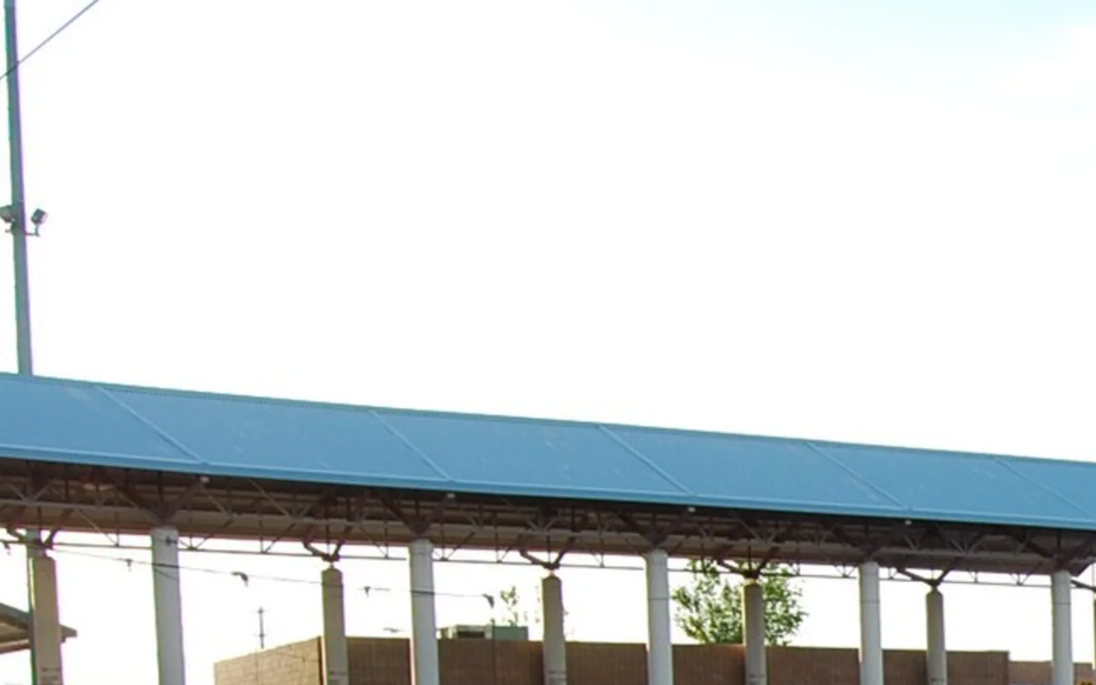 Adelanto Stadium grandstand roof architectural detail, photographed in 2012.